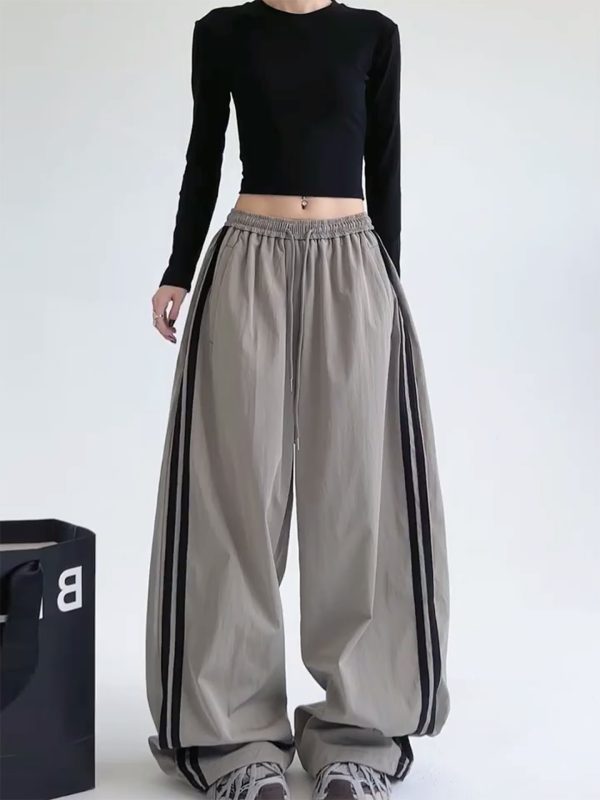 Wide-Leg Cargo Pants for Women - American Style Side Stripe, 2025 Trendy Loose Sports Trousers, Casual Floor-Length Fashion