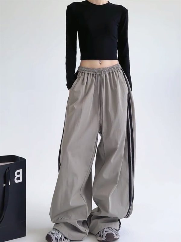Wide-Leg Cargo Pants for Women - American Style Side Stripe, 2025 Trendy Loose Sports Trousers, Casual Floor-Length Fashion