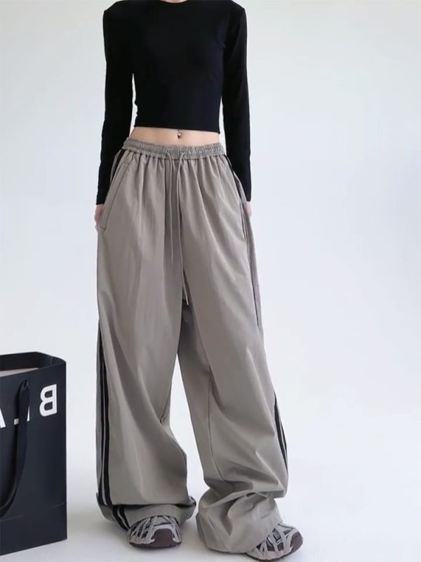 Wide-Leg Cargo Pants for Women - American Style Side Stripe, 2025 Trendy Loose Sports Trousers, Casual Floor-Length Fashion