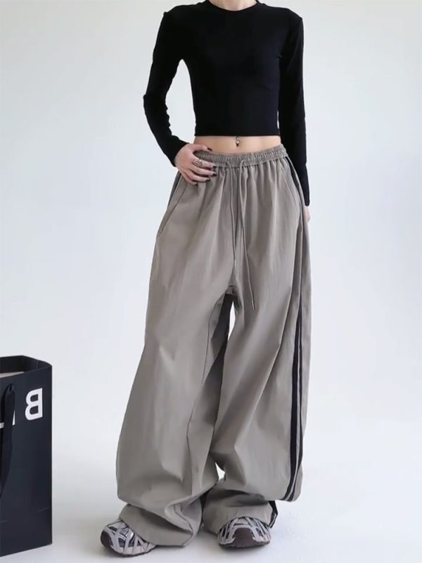 Wide-Leg Cargo Pants for Women - American Style Side Stripe, 2025 Trendy Loose Sports Trousers, Casual Floor-Length Fashion