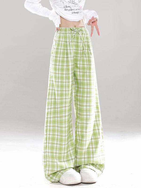 Wide-Leg Plaid Casual Pants for Women - Spring Summer Loose BF Style, Draping Straight Long Trousers, Trendy 90s Inspired