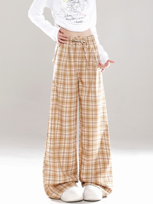 Wide-Leg Plaid Casual Pants for Women - Spring Summer Loose BF Style, Draping Straight Long Trousers, Trendy 90s Inspired