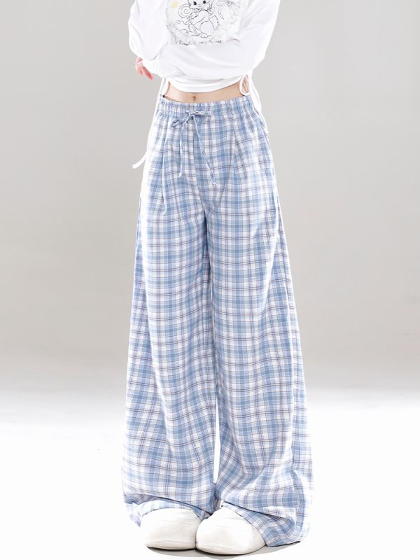 Wide-Leg Plaid Casual Pants for Women - Spring Summer Loose BF Style, Draping Straight Long Trousers, Trendy 90s Inspired