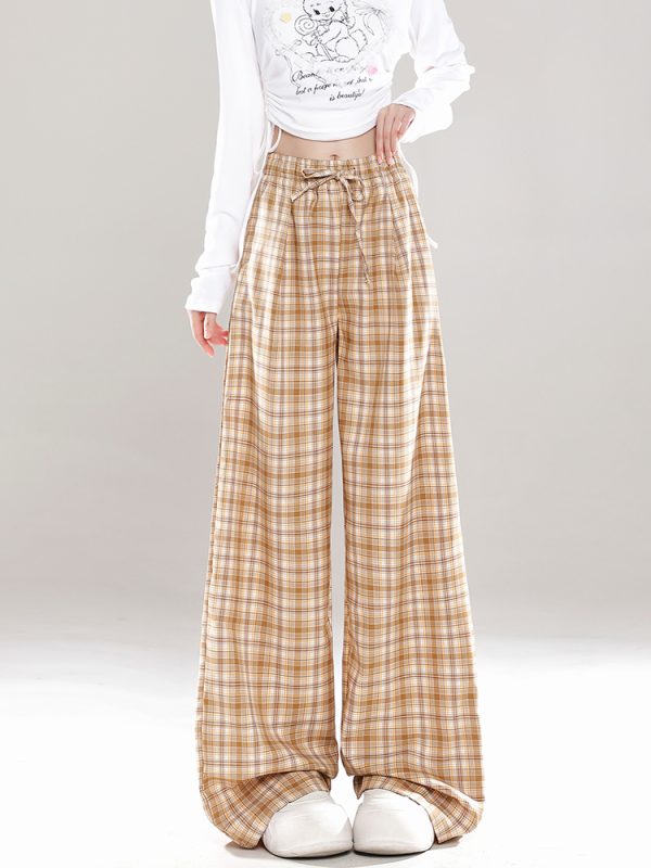 Wide-Leg Plaid Casual Pants for Women - Spring Summer Loose BF Style, Draping Straight Long Trousers, Trendy 90s Inspired