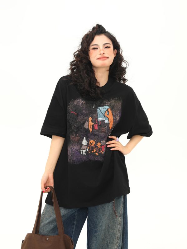 Wild A-Zi Short Sleeve T-Shirt for Women with American Vintage Cartoon Print - Casual Loose-Fit Round Neck Top for Trendy Style