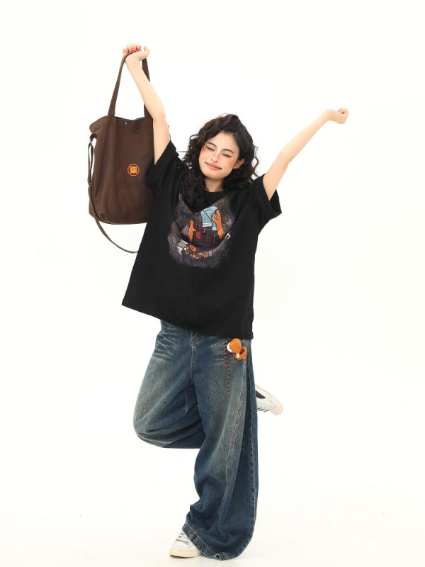 Wild A-Zi Short Sleeve T-Shirt for Women with American Vintage Cartoon Print - Casual Loose-Fit Round Neck Top for Trendy Style