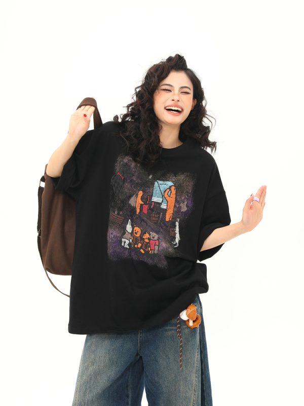 Wild A-Zi Short Sleeve T-Shirt for Women with American Vintage Cartoon Print - Casual Loose-Fit Round Neck Top for Trendy Style