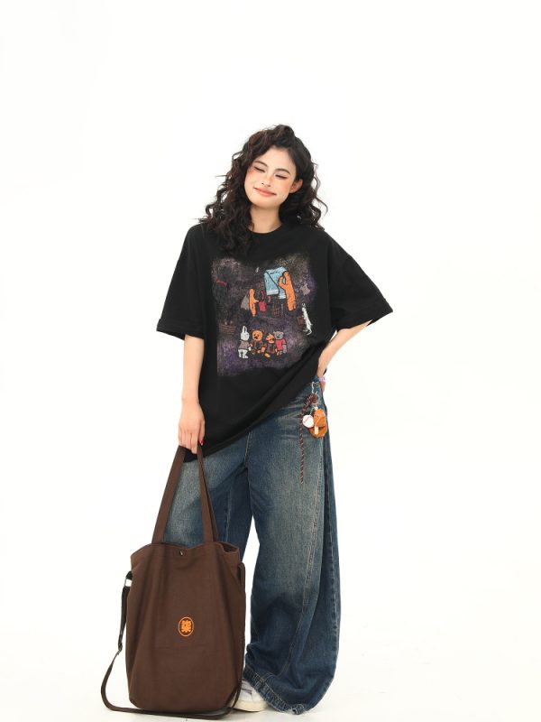 Wild A-Zi Short Sleeve T-Shirt for Women with American Vintage Cartoon Print - Casual Loose-Fit Round Neck Top for Trendy Style