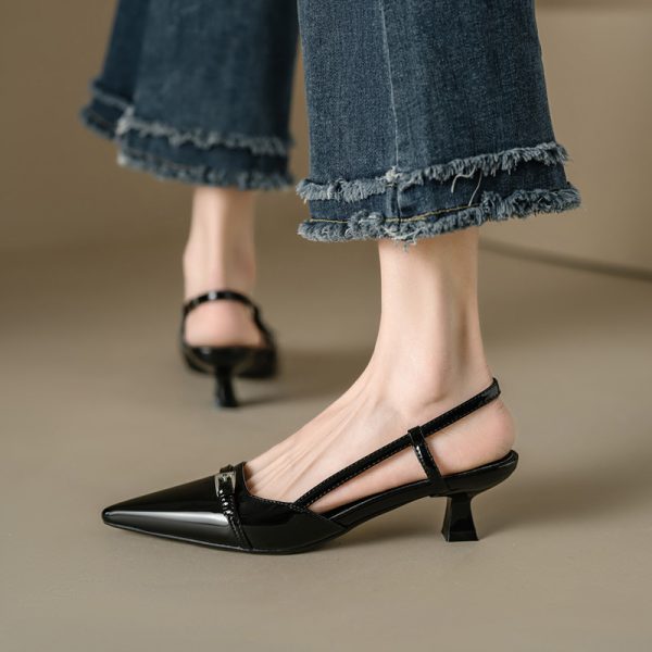 Wine Red Patent Leather Cat Heel Sandals - Vintage Closed Toe, Pointed Toe Design, Italian Style Low Heels
