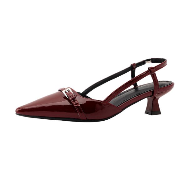Wine Red Patent Leather Cat Heel Sandals - Vintage Closed Toe, Pointed Toe Design, Italian Style Low Heels