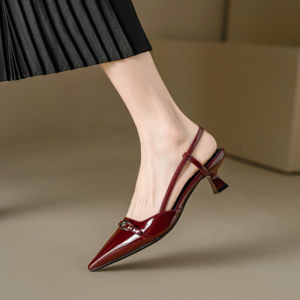 Wine Red Patent Leather Cat Heel Sandals - Vintage Closed Toe, Pointed Toe Design, Italian Style Low Heels