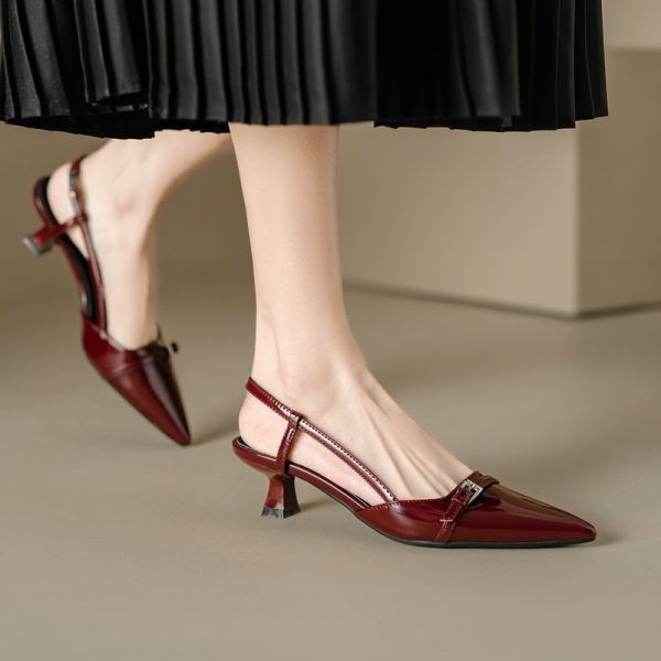 Wine Red Patent Leather Cat Heel Sandals - Vintage Closed Toe, Pointed Toe Design, Italian Style Low Heels