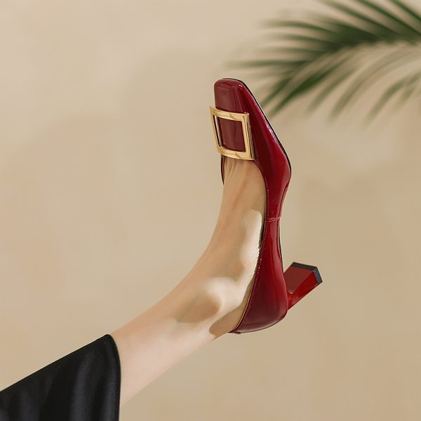 Wine Red Patent Leather High Heels for Women - Chunky Heel, Shallow Mouth, Square Buckle - Stylish Italian Design