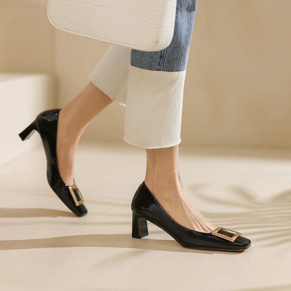 Wine Red Patent Leather High Heels for Women - Chunky Heel, Shallow Mouth, Square Buckle - Stylish Italian Design