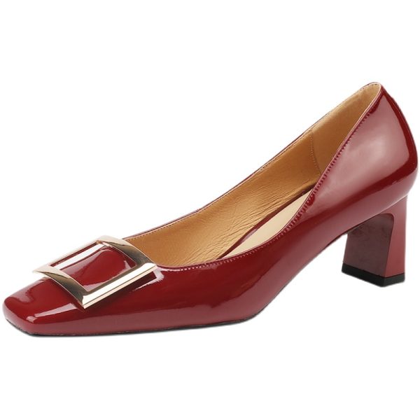Wine Red Patent Leather High Heels for Women - Chunky Heel, Shallow Mouth, Square Buckle - Stylish Italian Design