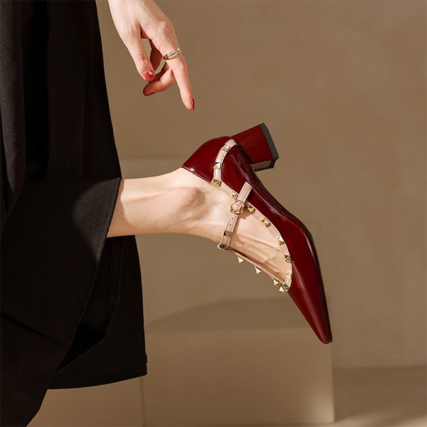 Wine Red Patent Leather Studded Pointed Toe Lolita Mid-Heel Shoes â€“ Vintage Italian Style, Y2K Inspired Footwear