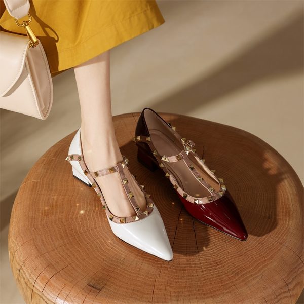Wine Red Patent Leather Studded Pointed Toe Lolita Mid-Heel Shoes â€“ Vintage Italian Style, Y2K Inspired Footwear