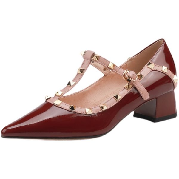 Wine Red Patent Leather Studded Pointed Toe Lolita Mid-Heel Shoes â€“ Vintage Italian Style, Y2K Inspired Footwear