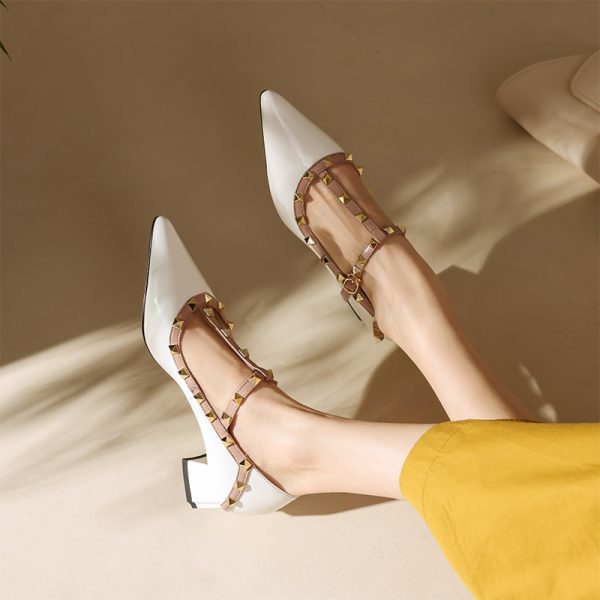 Wine Red Patent Leather Studded Pointed Toe Lolita Mid-Heel Shoes â€“ Vintage Italian Style, Y2K Inspired Footwear