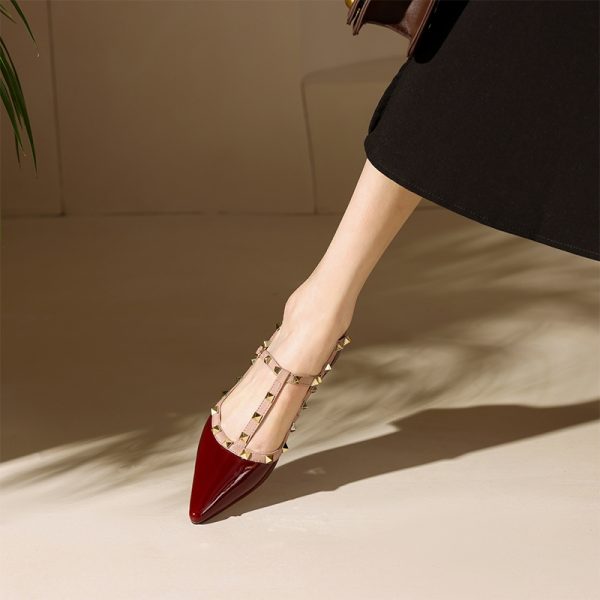 Wine Red Patent Leather Studded Pointed Toe Lolita Mid-Heel Shoes â€“ Vintage Italian Style, Y2K Inspired Footwear