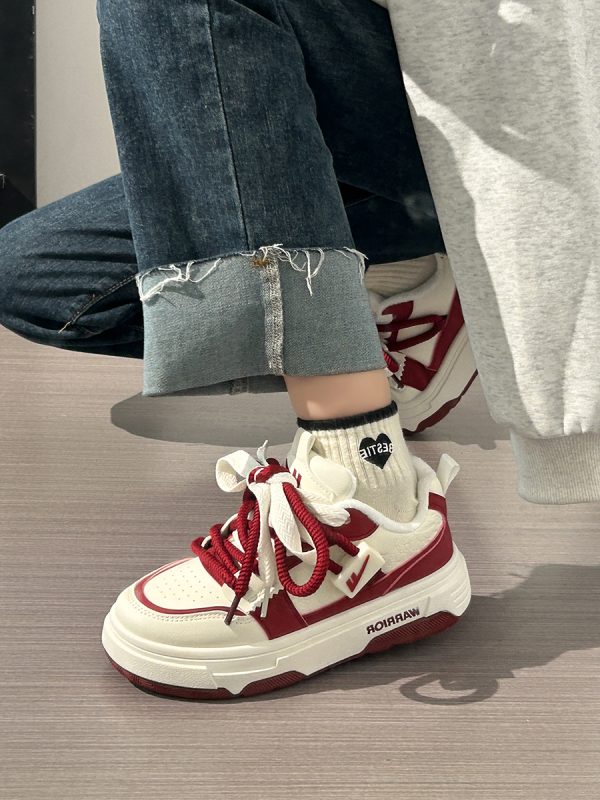 Wine Red Women's Sneakers - Summer Mesh Breathable Thick-Soled Board Shoes - Trendy Casual Style for Women