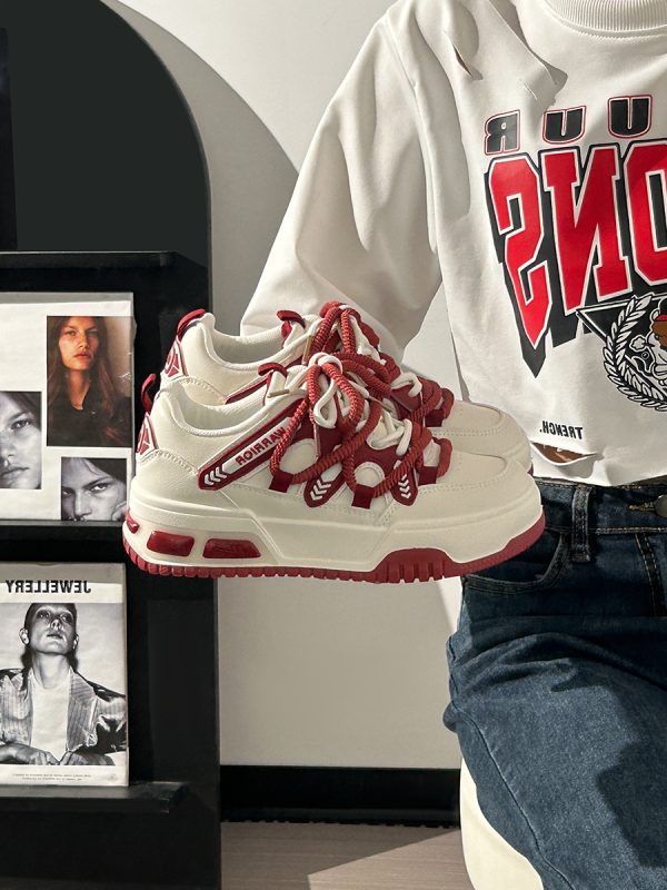 Wine Red Women's Sneakers - Summer Mesh Breathable Thick-Soled Board Shoes - Trendy Casual Style for Women