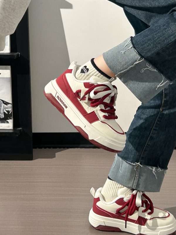 Wine Red Women's Sneakers - Summer Mesh Breathable Thick-Soled Board Shoes - Trendy Casual Style for Women