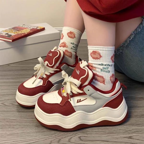 Wine Red Women's Sneakers - Summer Mesh Breathable Thick-Soled Board Shoes - Trendy Casual Style for Women