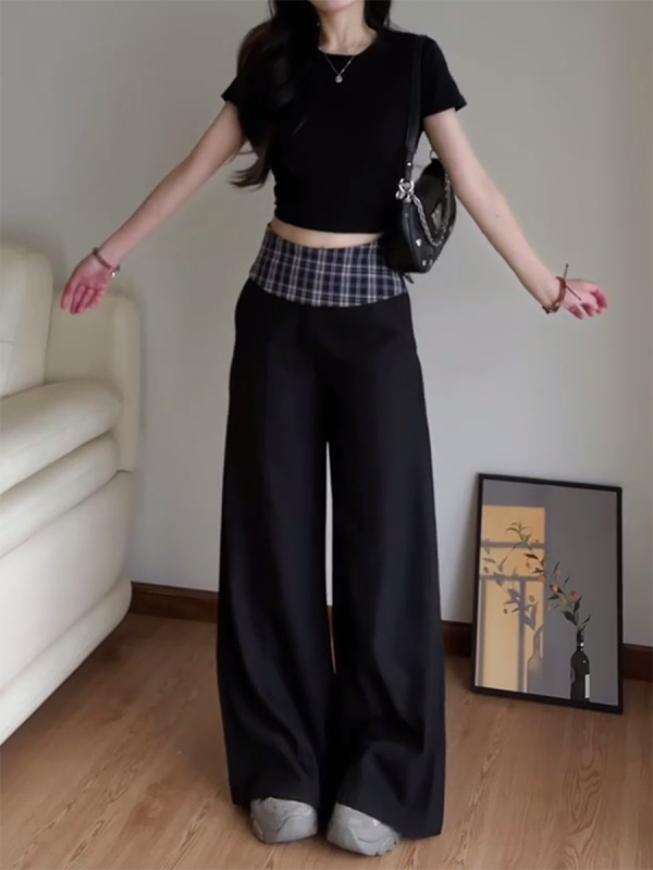 Women's 2025 American Retro Plaid Patchwork Cargo Pants - Loose Wide-Leg Casual Trousers for Y2K and Vintage Style