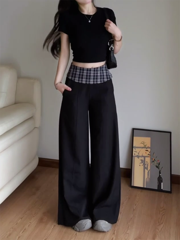 Women's 2025 American Retro Plaid Patchwork Cargo Pants - Loose Wide-Leg Casual Trousers for Y2K and Vintage Style