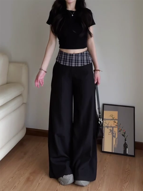 Women's 2025 American Retro Plaid Patchwork Cargo Pants - Loose Wide-Leg Casual Trousers for Y2K and Vintage Style