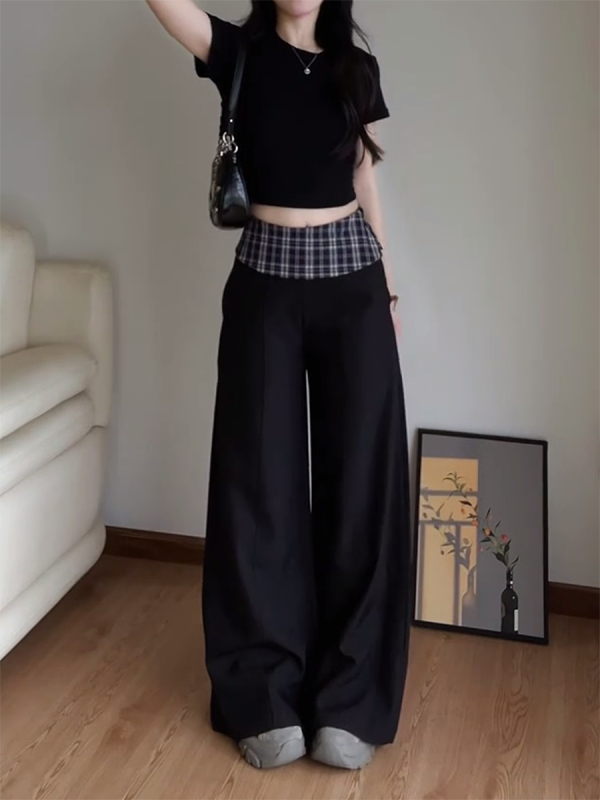 Women's 2025 American Retro Plaid Patchwork Cargo Pants - Loose Wide-Leg Casual Trousers for Y2K and Vintage Style
