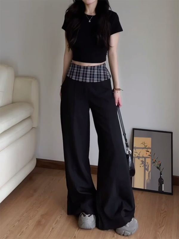 Women's 2025 American Retro Plaid Patchwork Cargo Pants - Loose Wide-Leg Casual Trousers for Y2K and Vintage Style