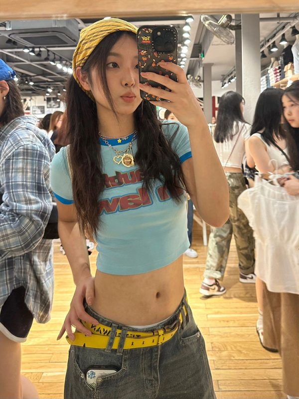 Women's American Retro Color-Blocked Short T-Shirt - Summer Pure Cotton, Slim Fit, Trendy Shoulder Top, Casual Fashion