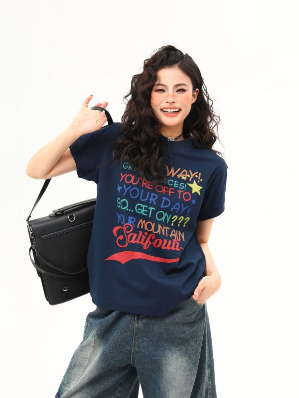 Women's American Retro Letter Print Round Neck T-Shirt - Casual Short Sleeve Summer Top - Trendy 90s Style