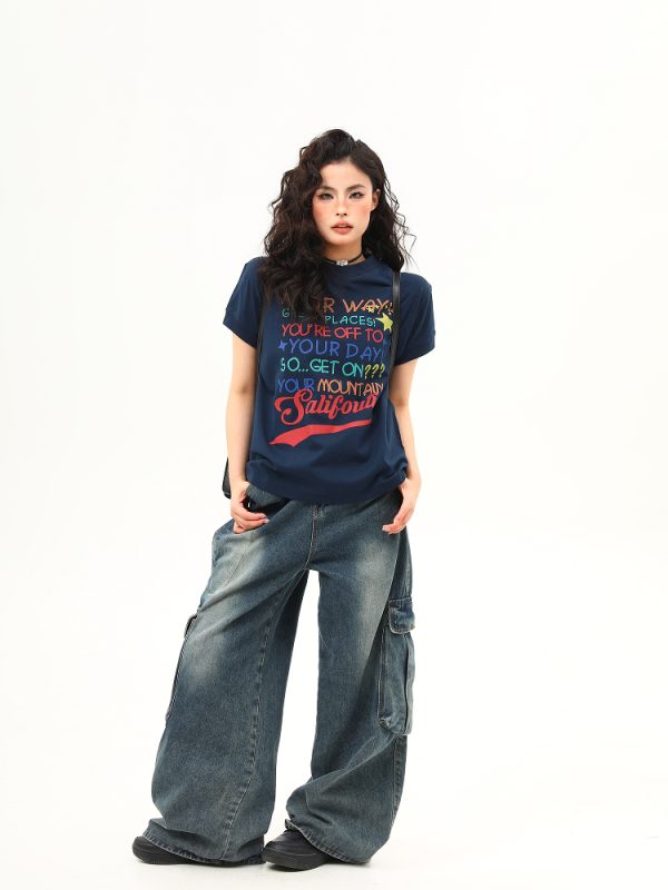 Women's American Retro Letter Print Round Neck T-Shirt - Casual Short Sleeve Summer Top - Trendy 90s Style
