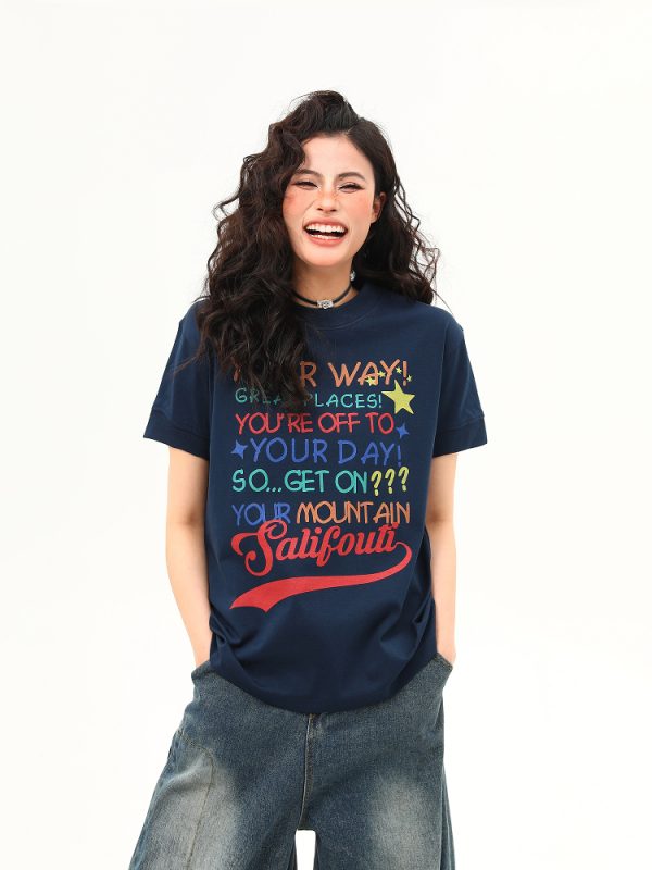 Women's American Retro Letter Print Round Neck T-Shirt - Casual Short Sleeve Summer Top - Trendy 90s Style