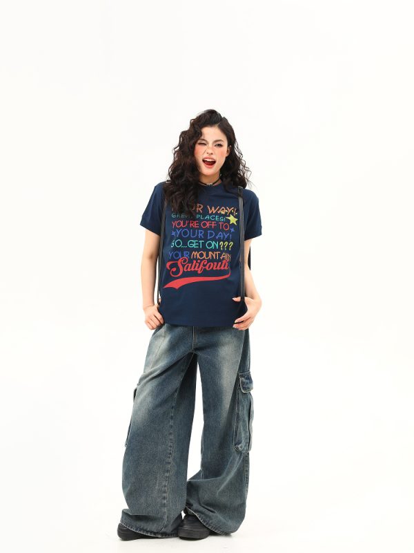 Women's American Retro Letter Print Round Neck T-Shirt - Casual Short Sleeve Summer Top - Trendy 90s Style
