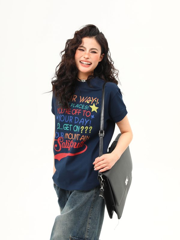 Women's American Retro Letter Print Round Neck T-Shirt - Casual Short Sleeve Summer Top - Trendy 90s Style