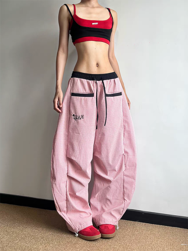 Women's American Retro Pink Striped Wide-Leg Pants - Summer 2025 Casual Curved Knife Street Style