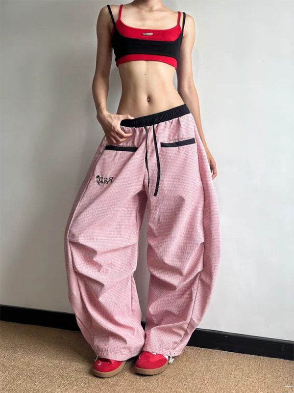 Women's American Retro Pink Striped Wide-Leg Pants - Summer 2025 Casual Curved Knife Street Style