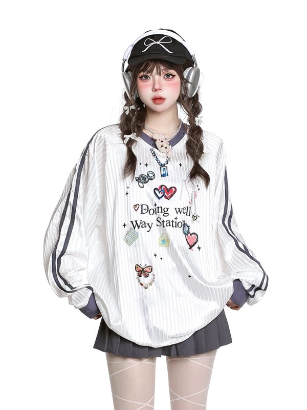 Women's American Style Casual V-Neck Jersey Sweatshirt - Loose Long Sleeve Pullover for Spring Outfits