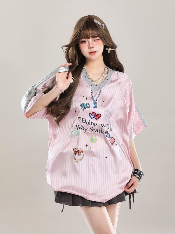 Women's American Style Casual V-Neck Jersey Sweatshirt - Loose Long Sleeve Pullover for Spring Outfits