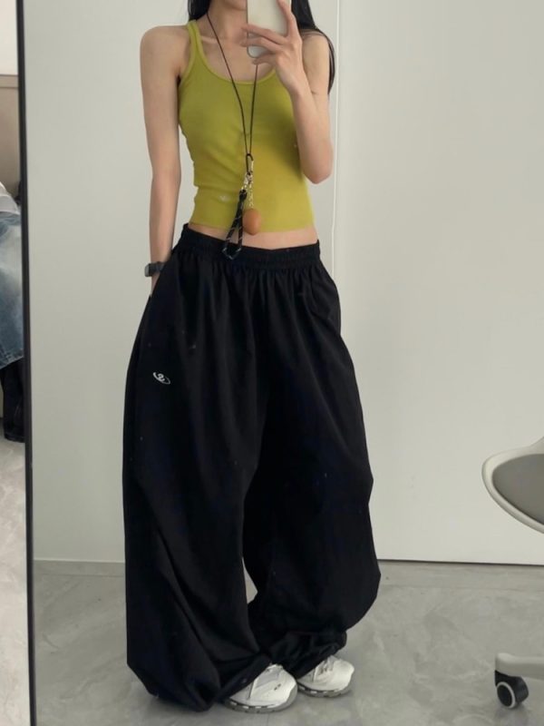 Women's American Vintage Cargo Pants - Summer Loose Casual Wide-Leg Parachute Pants with Drawstring, Hip-Hop Style