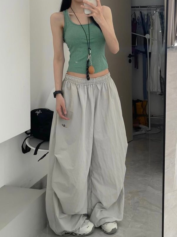 Women's American Vintage Cargo Pants - Summer Loose Casual Wide-Leg Parachute Pants with Drawstring, Hip-Hop Style