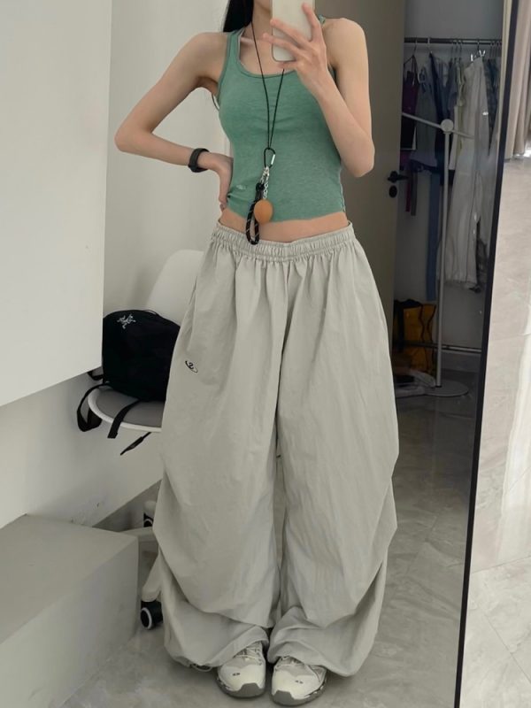 Women's American Vintage Cargo Pants - Summer Loose Casual Wide-Leg Parachute Pants with Drawstring, Hip-Hop Style