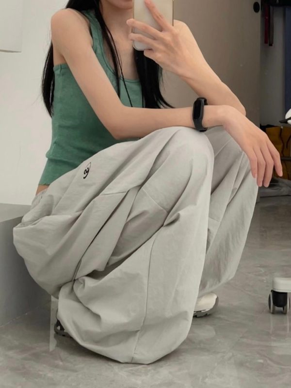 Women's American Vintage Cargo Pants - Summer Loose Casual Wide-Leg Parachute Pants with Drawstring, Hip-Hop Style