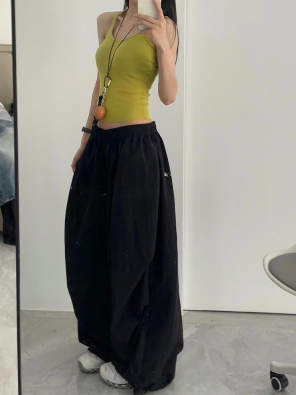 Women's American Vintage Cargo Pants - Summer Loose Casual Wide-Leg Parachute Pants with Drawstring, Hip-Hop Style