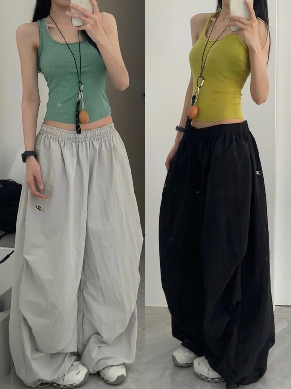 Women's American Vintage Cargo Pants - Summer Loose Casual Wide-Leg Parachute Pants with Drawstring, Hip-Hop Style