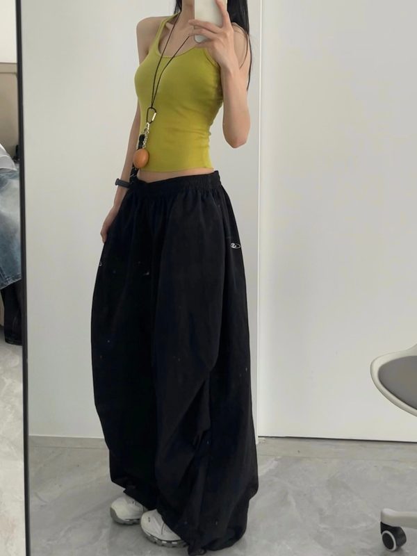 Women's American Vintage Cargo Pants - Summer Loose Casual Wide-Leg Parachute Pants with Drawstring, Hip-Hop Style